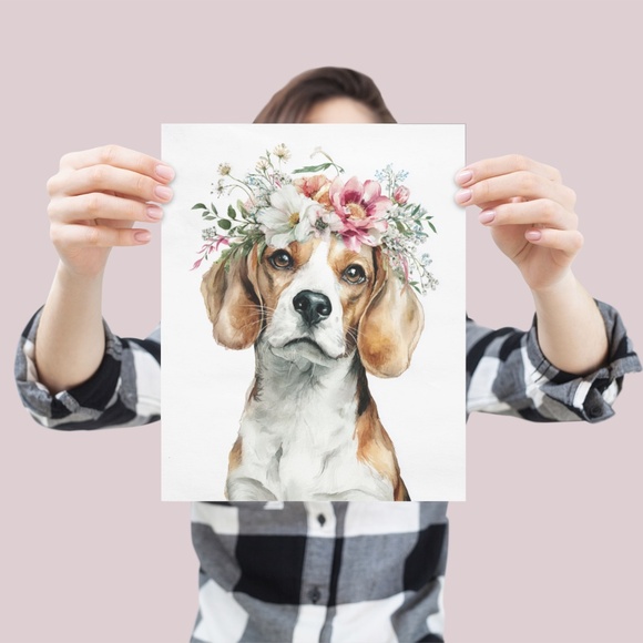 Watercolor Beagle Dog Wall Art Print – Floral Crown Dog Illustration | Unframed - Picture 4 of 5